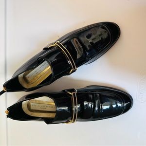 Stella McCartney Morgana Black Patent Loafers Oxford Flat, Gold Buckle Detail